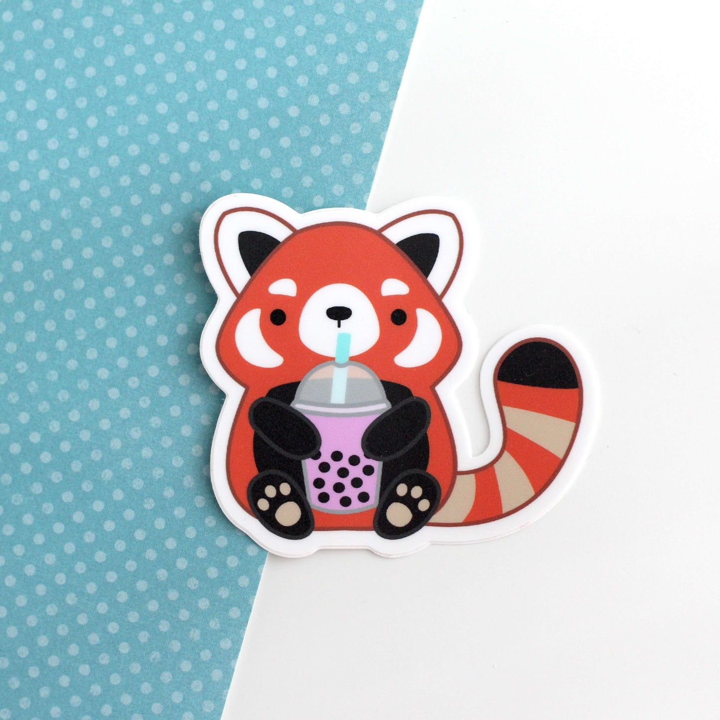 Red Panda Drinking Bubble Tea Vinyl Sticker. Boba Tumbler Water Bottle Decal