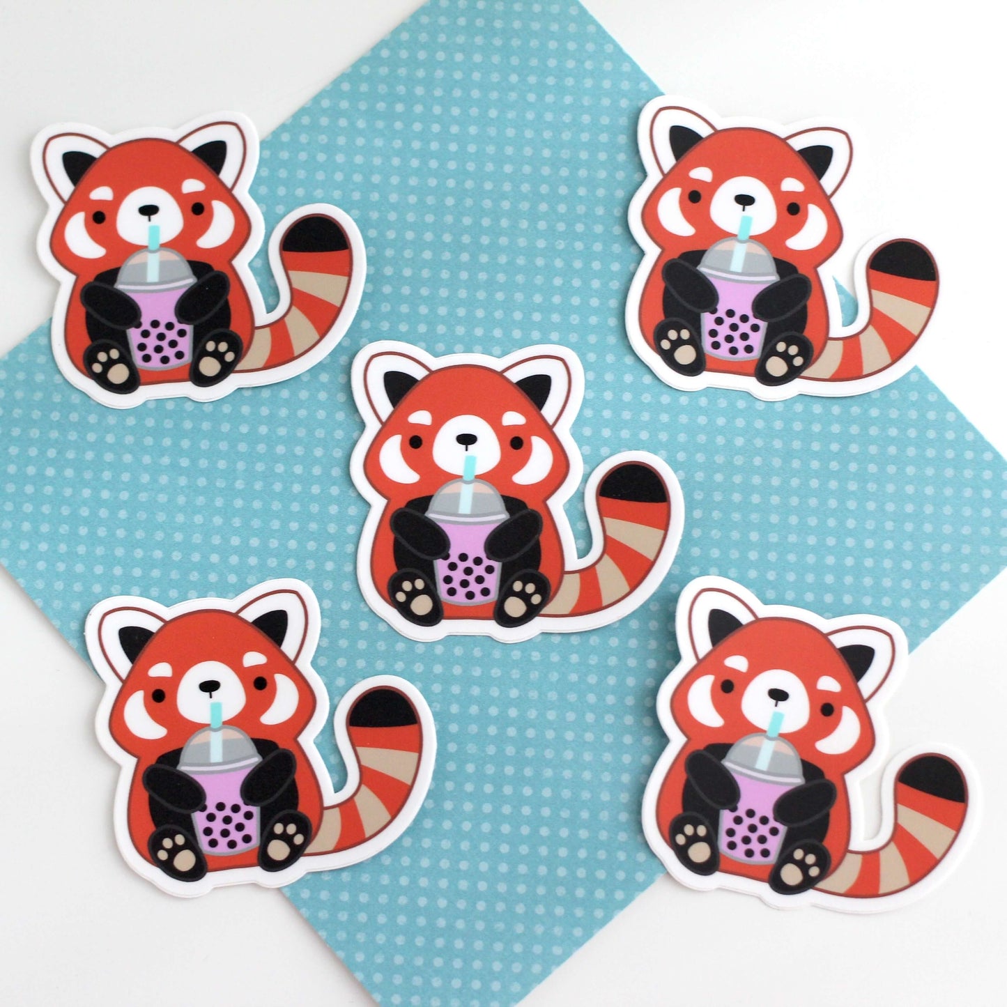 Red Panda Drinking Bubble Tea Vinyl Sticker. Boba Tumbler Water Bottle Decal