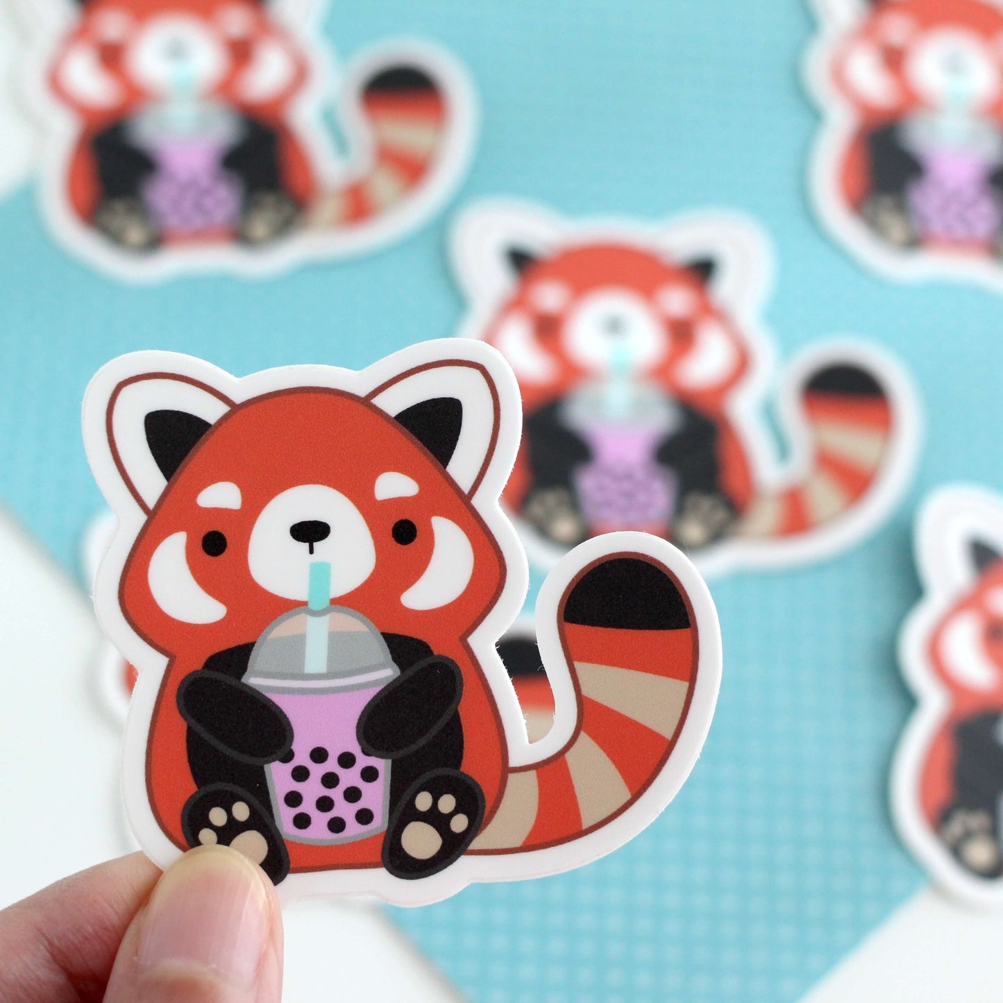 Red Panda Drinking Bubble Tea Vinyl Sticker. Boba Tumbler Water Bottle Decal