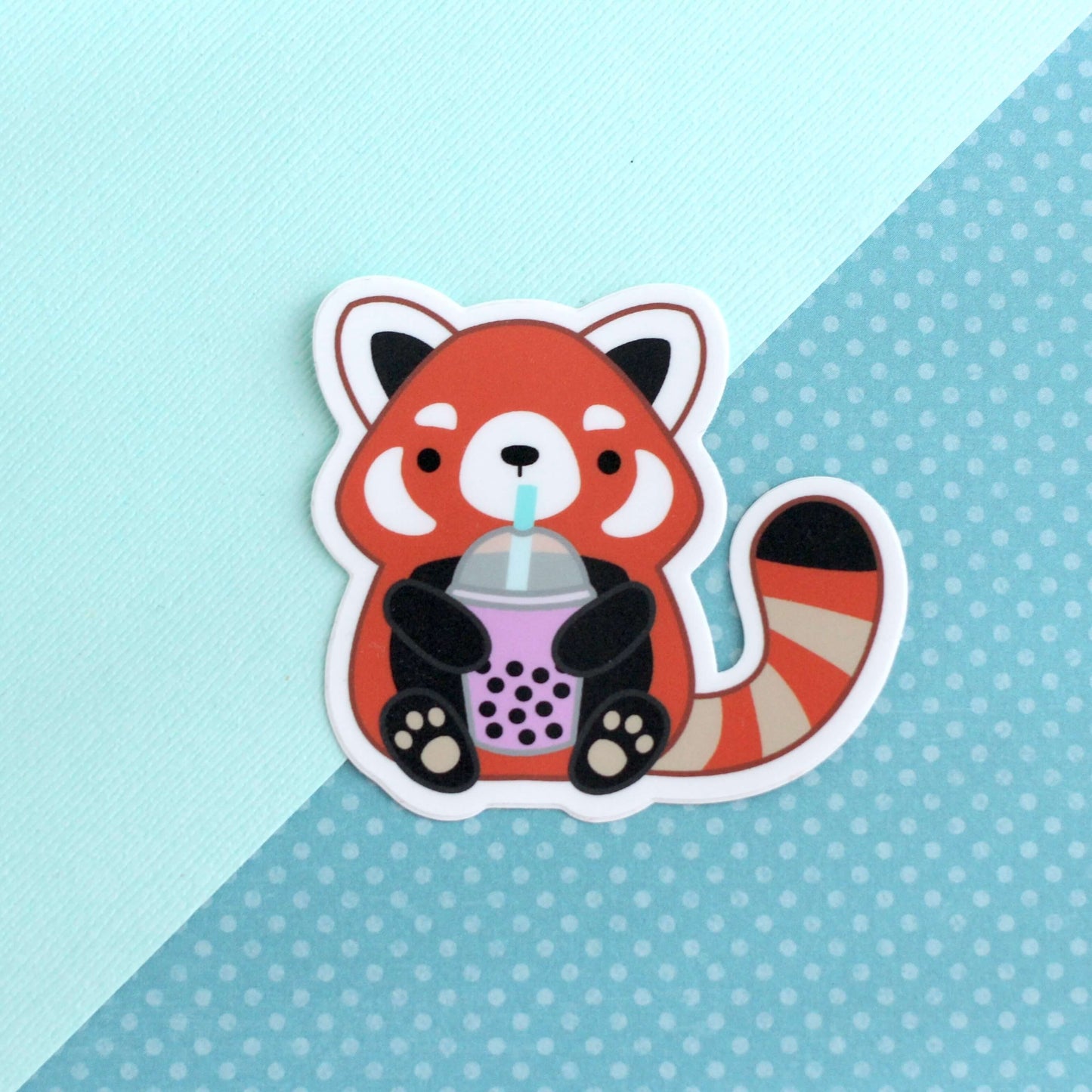 Red Panda Drinking Bubble Tea Vinyl Sticker. Boba Tumbler Water Bottle Decal