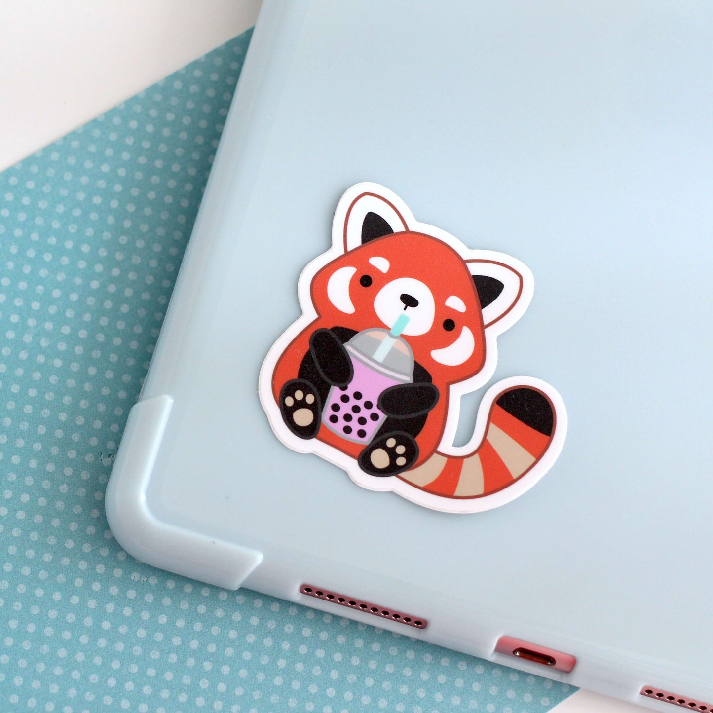 Red Panda Drinking Bubble Tea Vinyl Sticker. Boba Tumbler Water Bottle Decal
