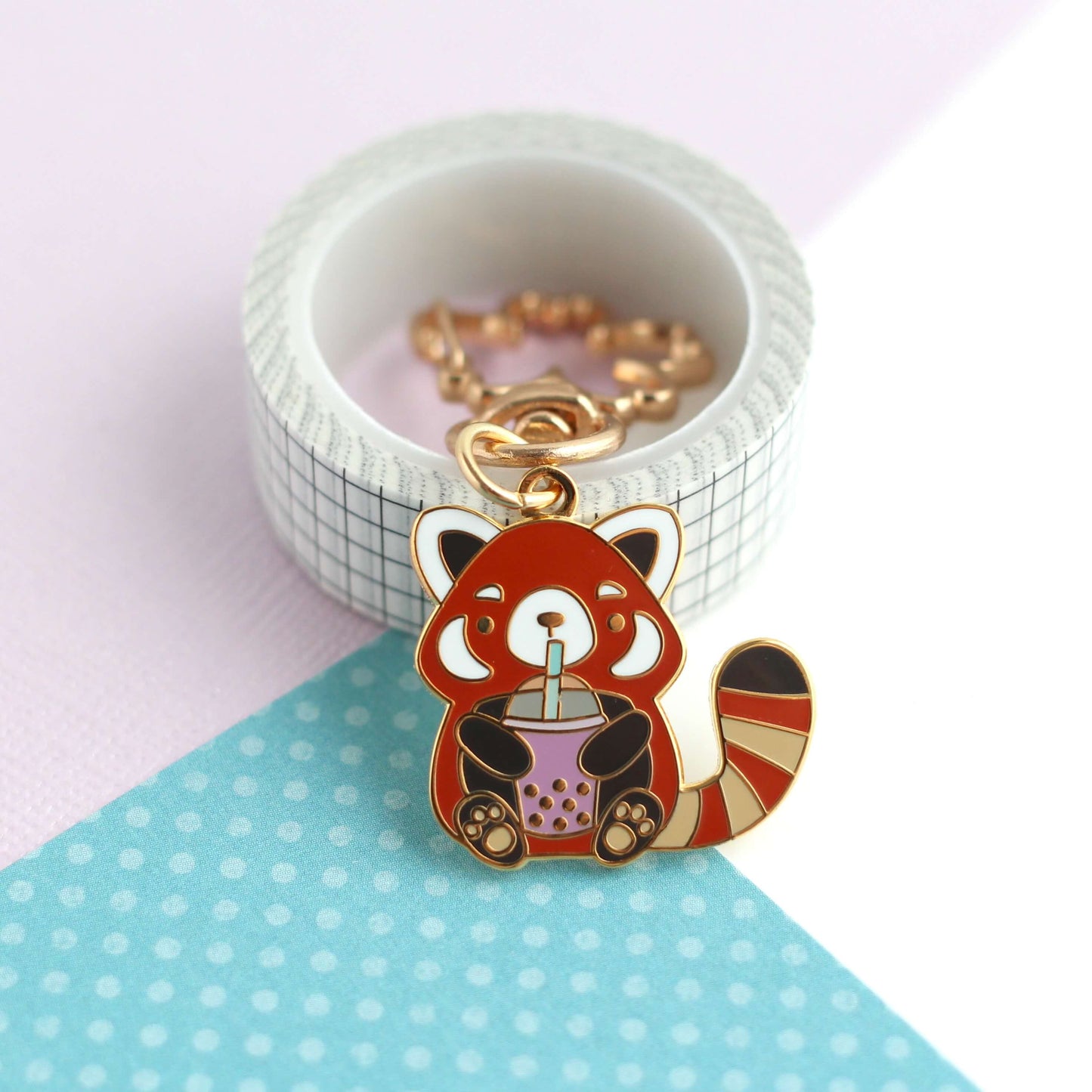 Bubble Tea Red Panda Enamel Keychain