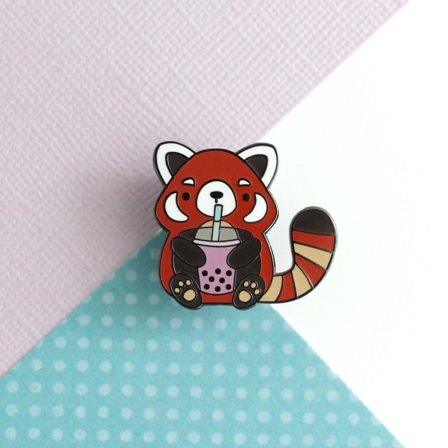 Red Panda Drinking Bubble Tea Enamel Pin. Gift for Boba Lovers