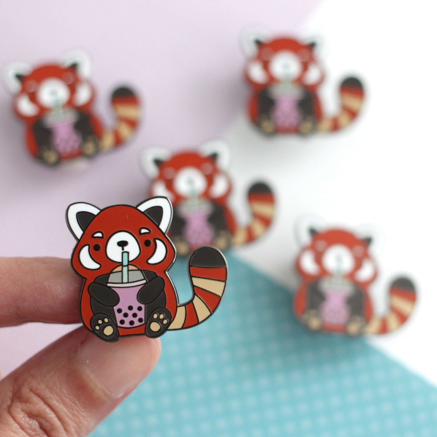 Red Panda Drinking Bubble Tea Enamel Pin. Gift for Boba Lovers