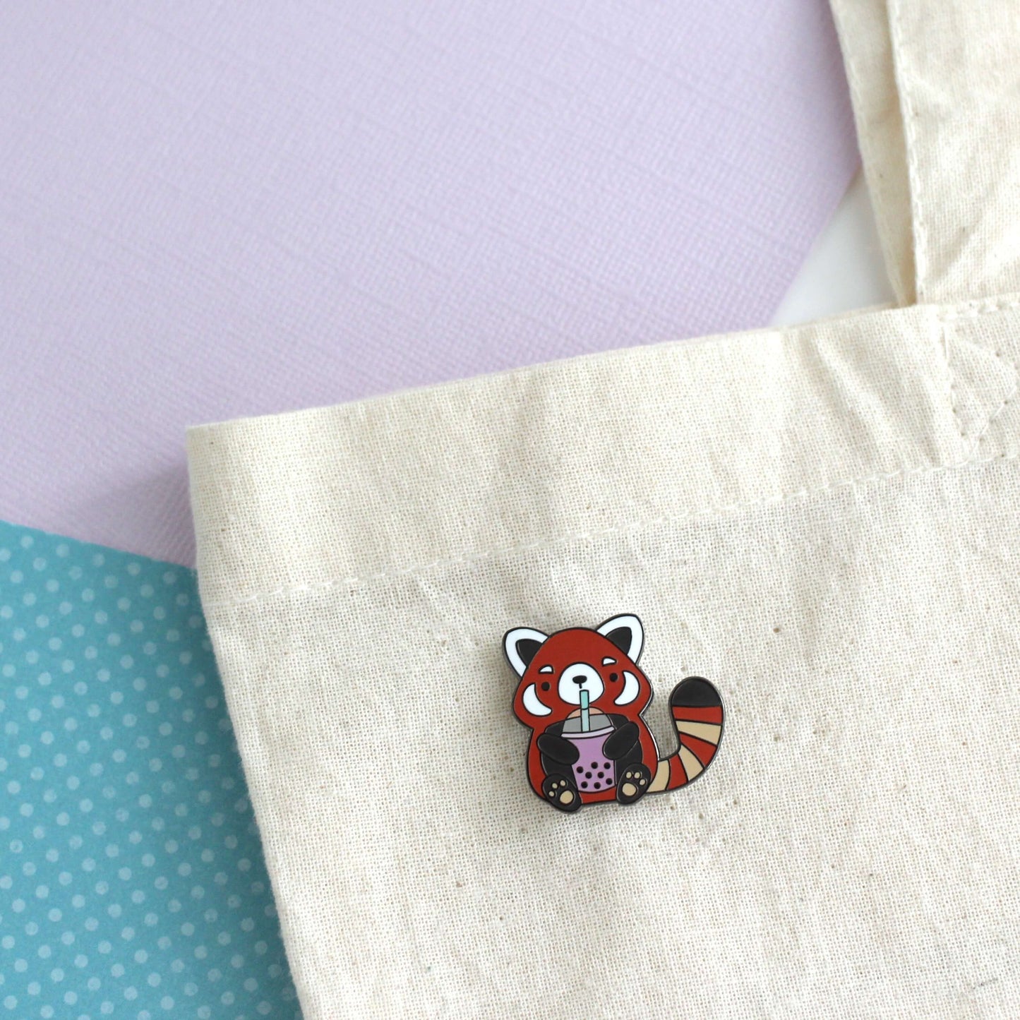 Red Panda Drinking Bubble Tea Enamel Pin. Gift for Boba Lovers