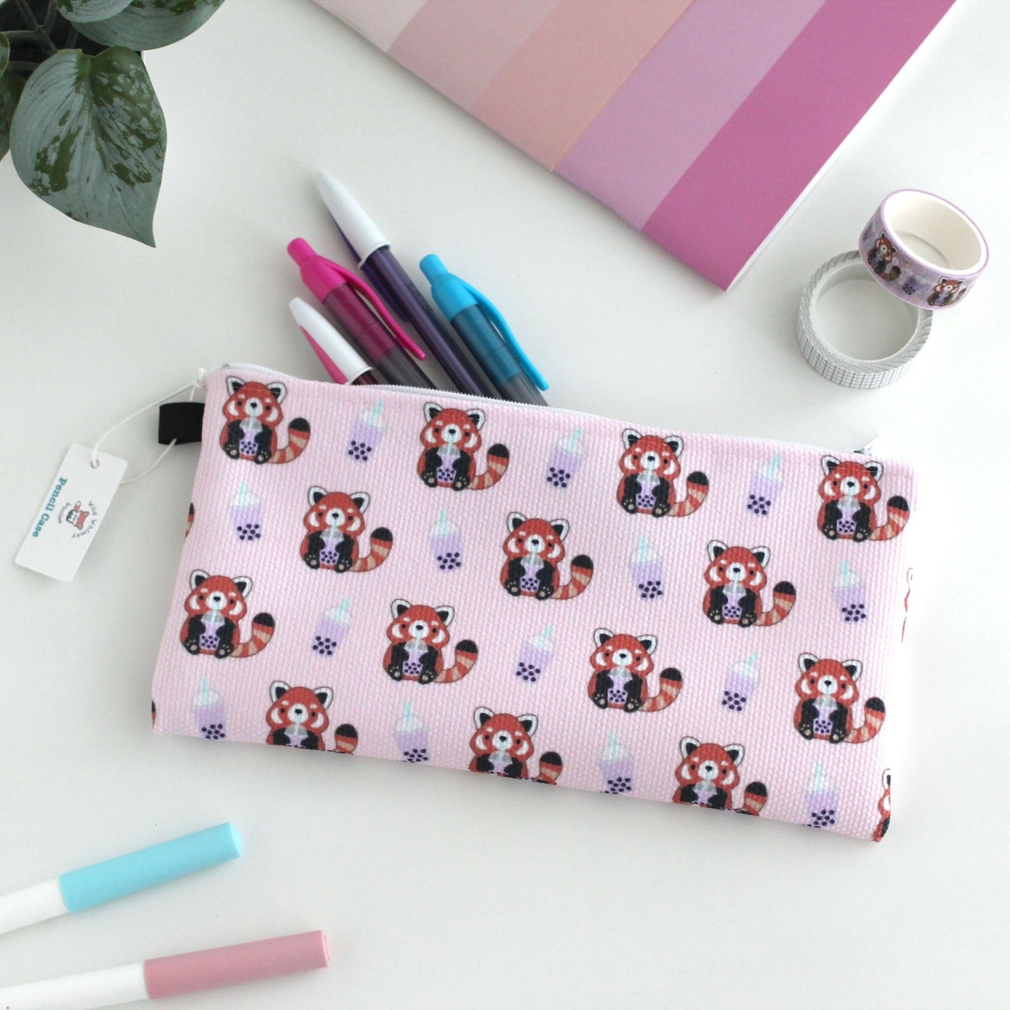 Red Pandas with Bubble Tea Pencil Case / Zipper Pouch