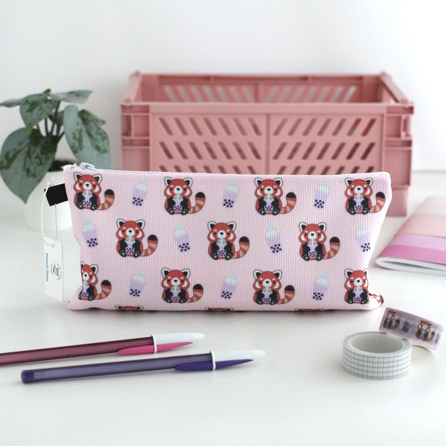 Red Pandas with Bubble Tea Pencil Case / Zipper Pouch