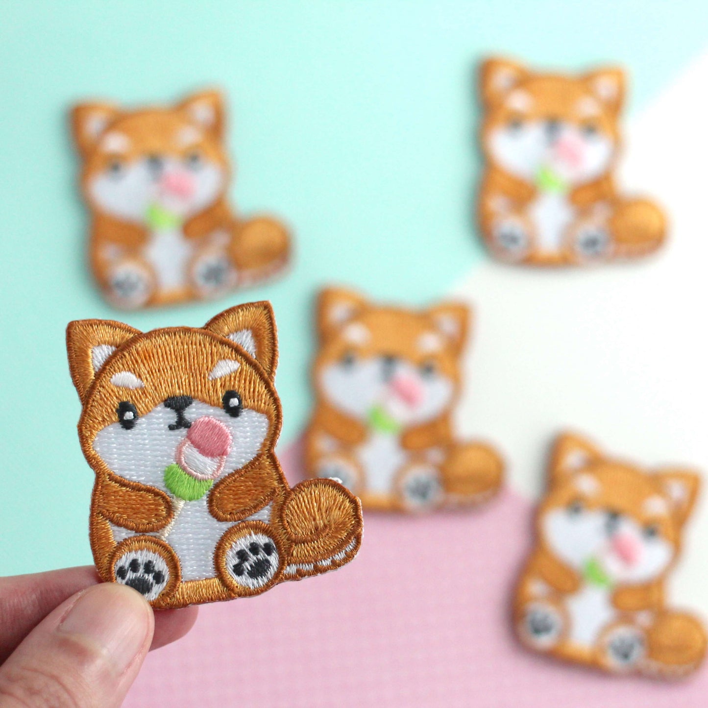 Shiba Inu holding Dango Embroidered Patch. Dog Iron on Patch