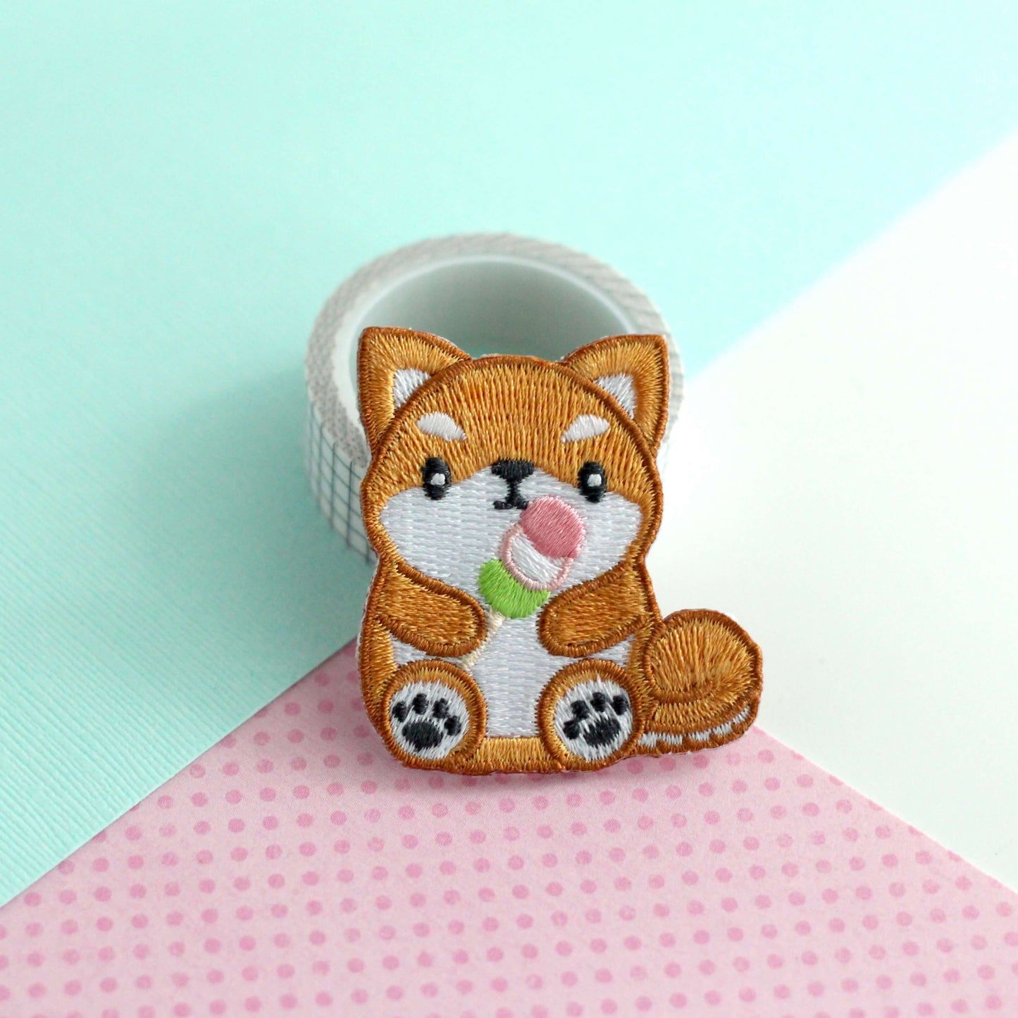 Shiba Inu holding Dango Embroidered Patch. Dog Iron on Patch