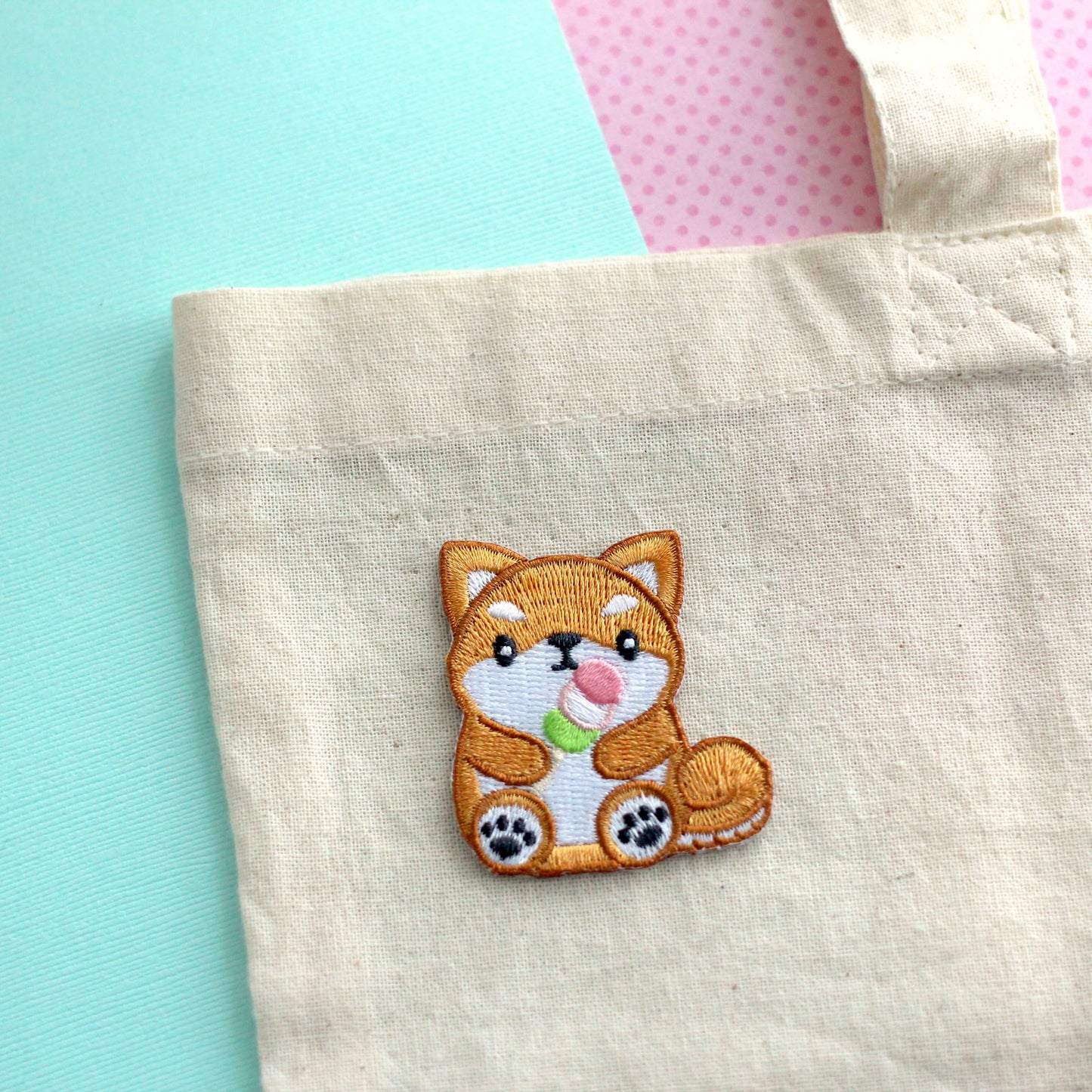 Shiba Inu holding Dango Embroidered Patch. Dog Iron on Patch