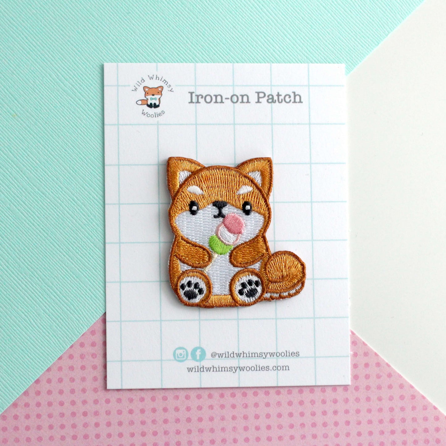 Shiba Inu holding Dango Embroidered Patch. Dog Iron on Patch