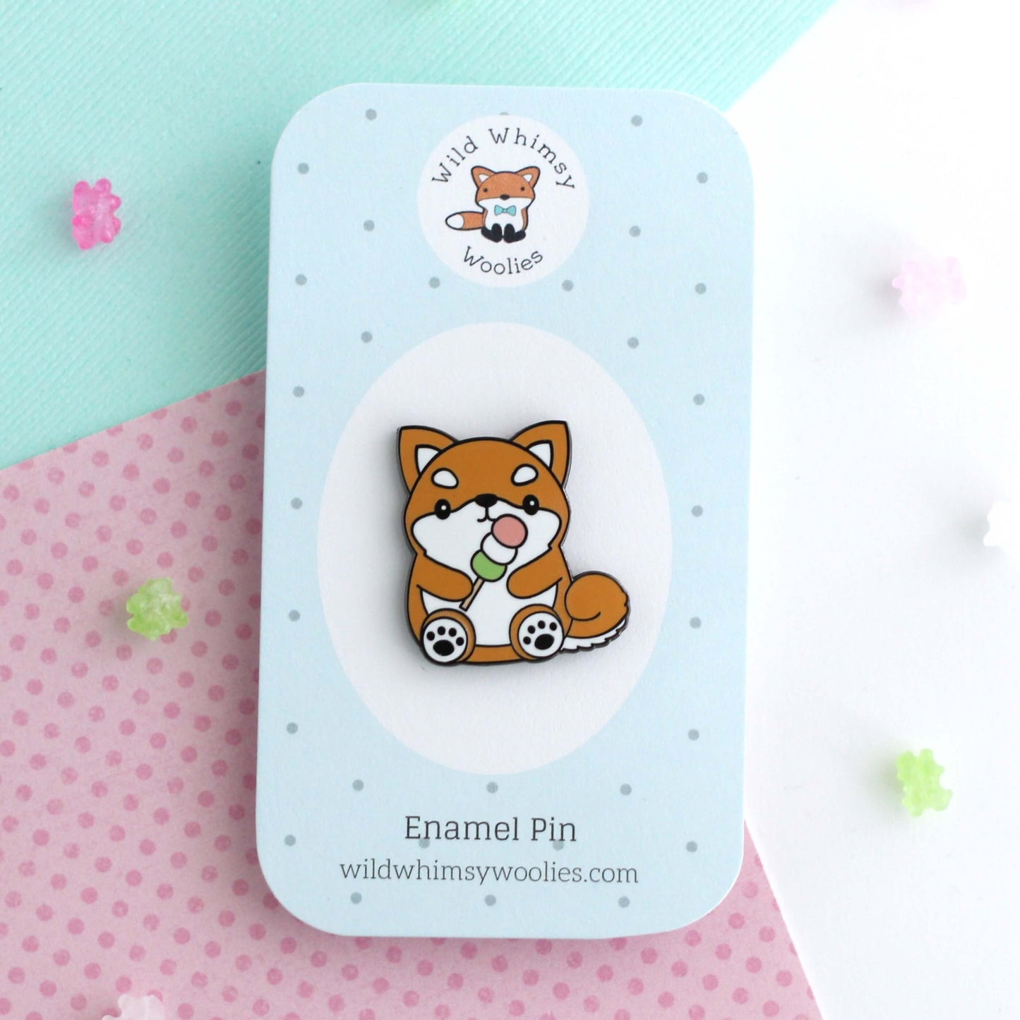 Shiba Inu Enamel Pin - Cute Dog holding Dango Lapel Pin