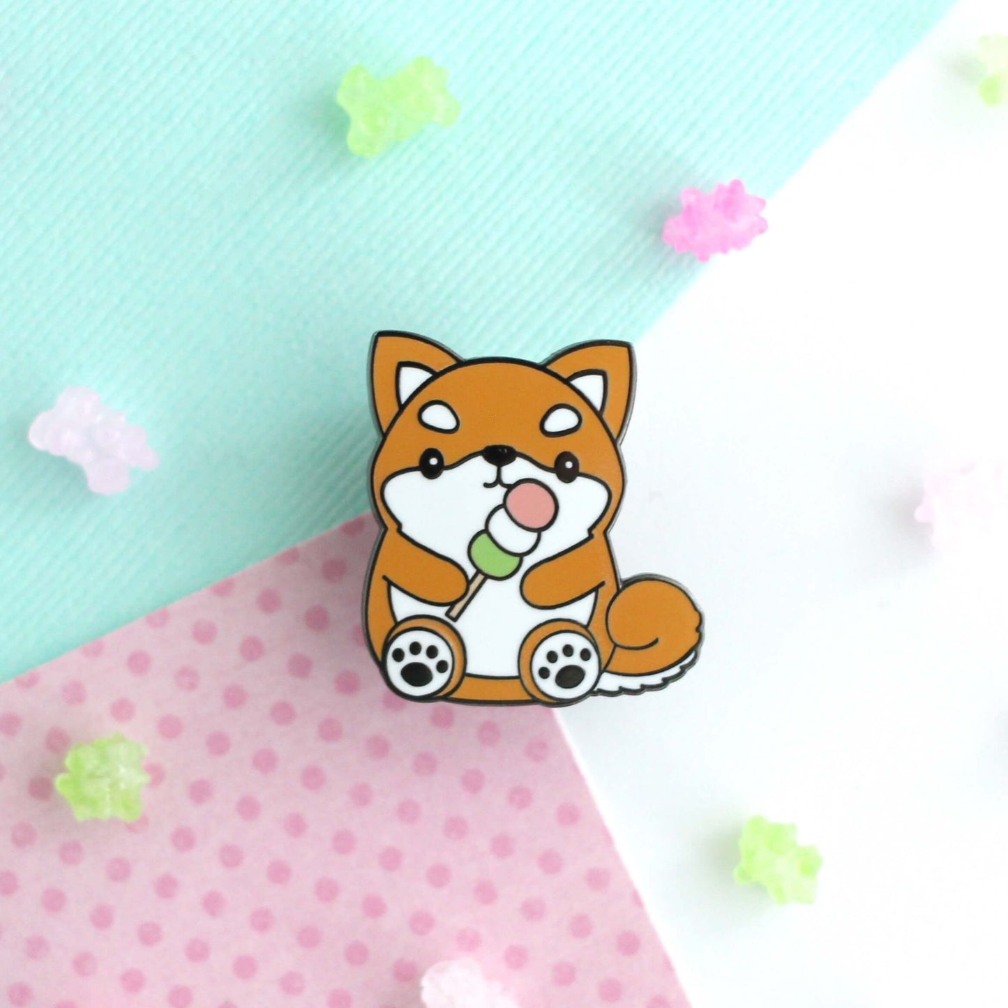 Shiba Inu Enamel Pin - Cute Dog holding Dango Lapel Pin: Black Nickel Plated