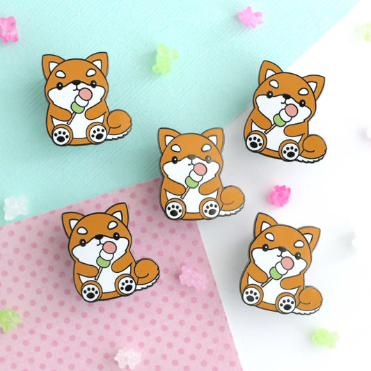 Shiba Inu Enamel Pin - Cute Dog holding Dango Lapel Pin