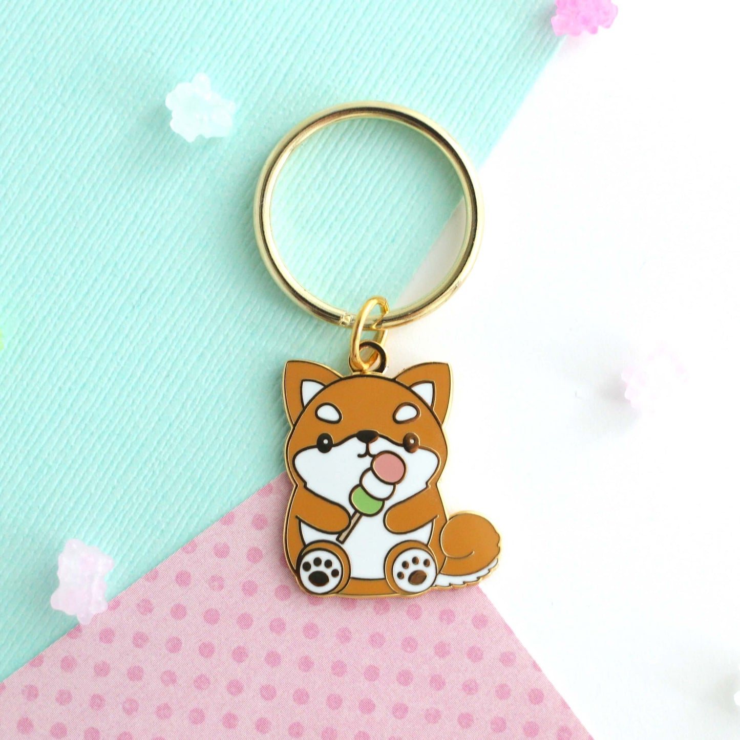 Shiba Inu holding a Dango Enamel Keychain: Circle Key Ring