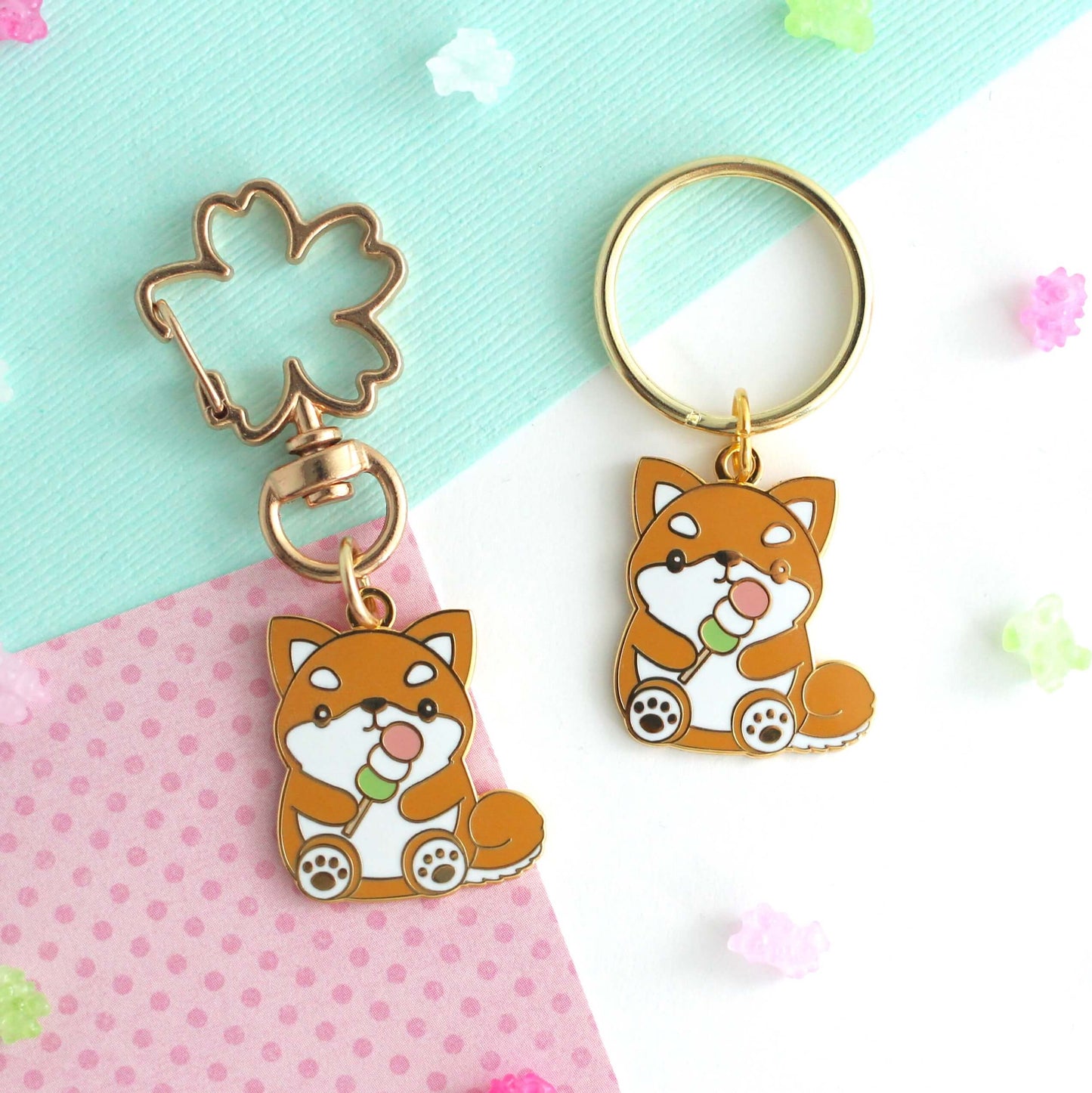 Shiba Inu holding a Dango Enamel Keychain