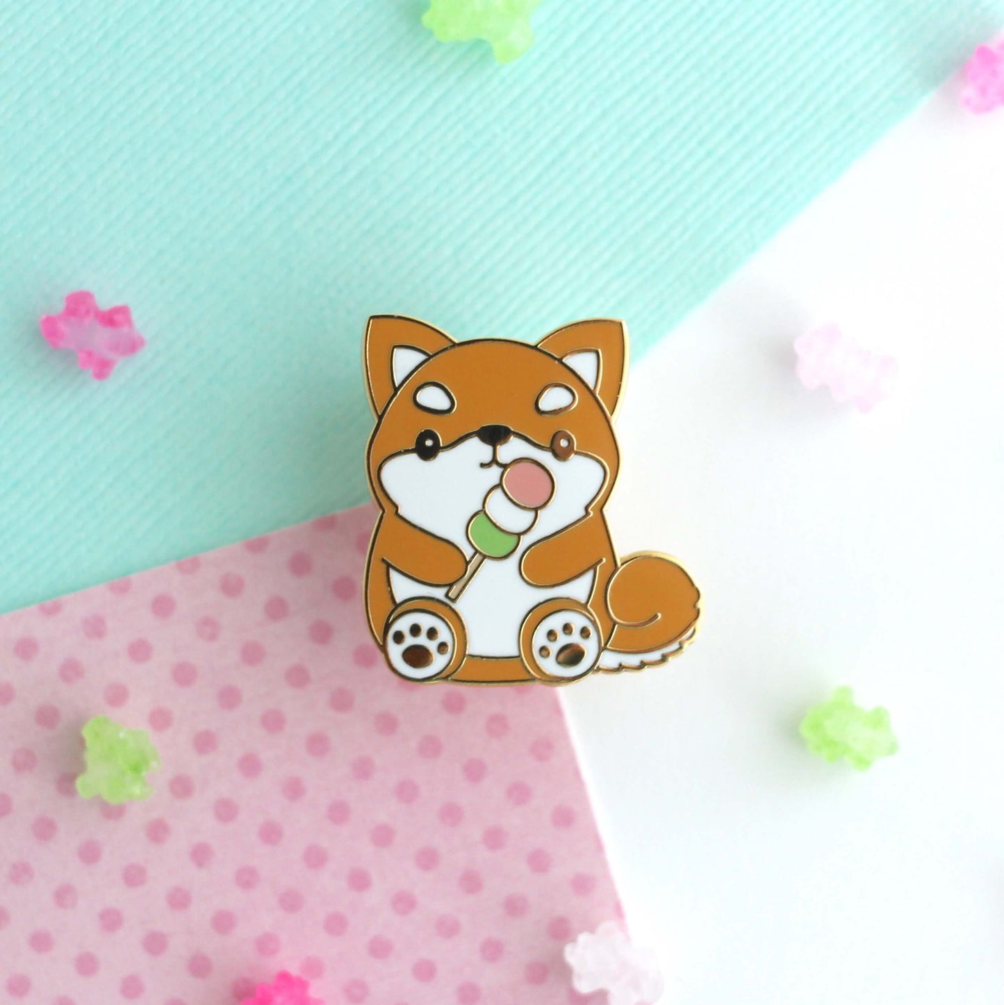 Shiba Inu Enamel Pin - Cute Dog holding Dango Lapel Pin: Gold Plated