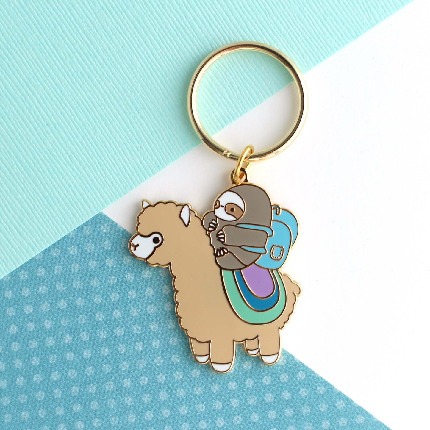 Sloth and Alpaca Adventurer Enamel Keychain: Gold Plated