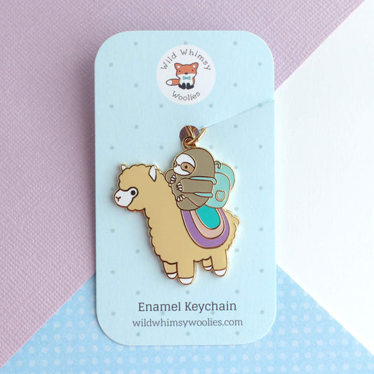 Sloth and Alpaca Adventurer Enamel Keychain (Pastel Colour Variant)