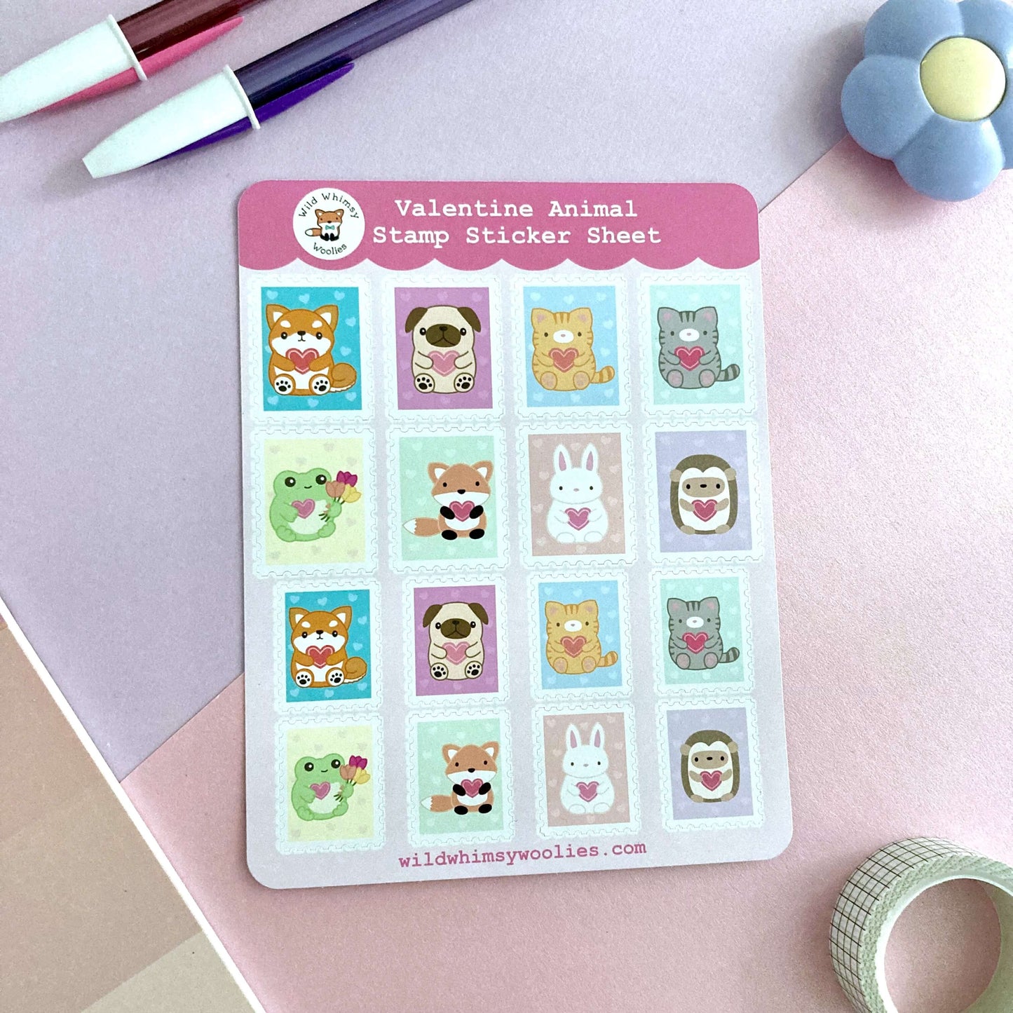 Valentine’s Day Stamp Sticker Sheet. Animal Sticker Sheet