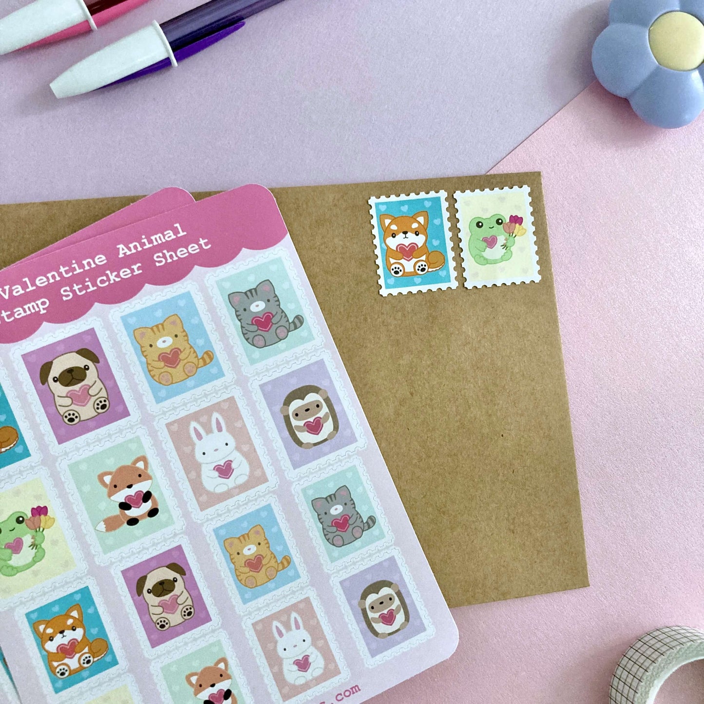 Valentine’s Day Stamp Sticker Sheet. Animal Sticker Sheet