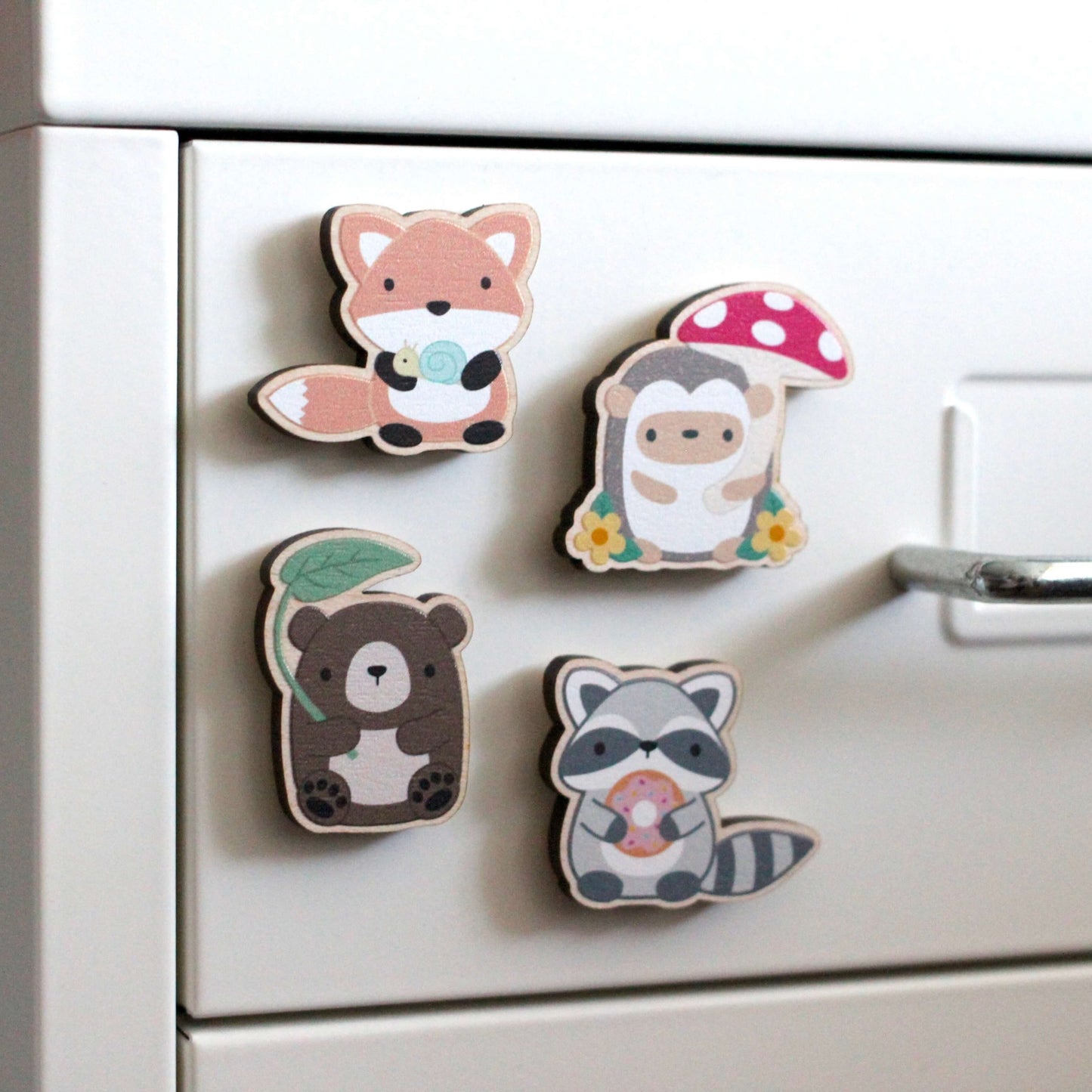 Woodland Animals Wooden Magnet Set - Fox, Hedgehog, Bear and Raccoon