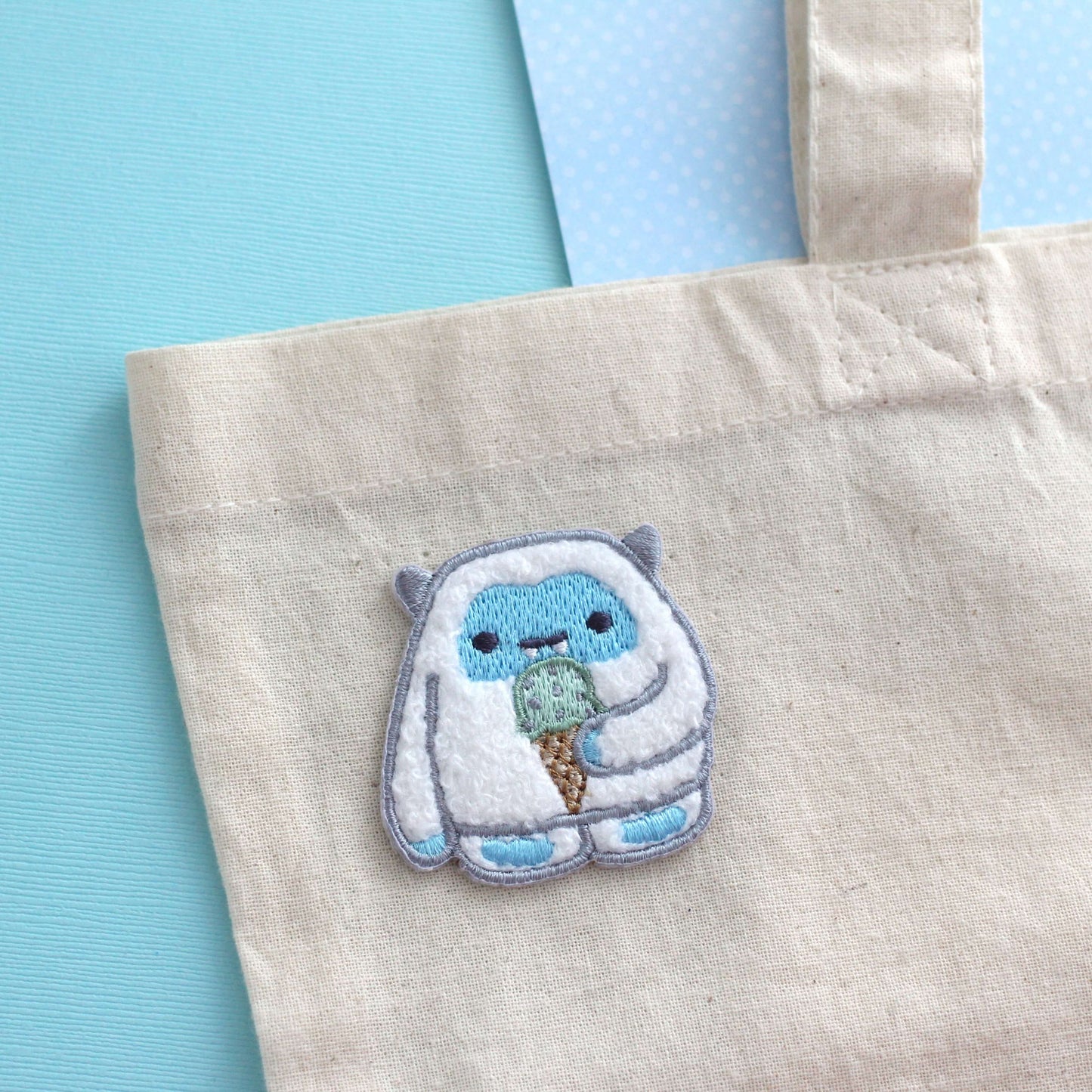 Yeti eating Ice Cream Chenille Iron-On Patch. Cute Abominable Snowman