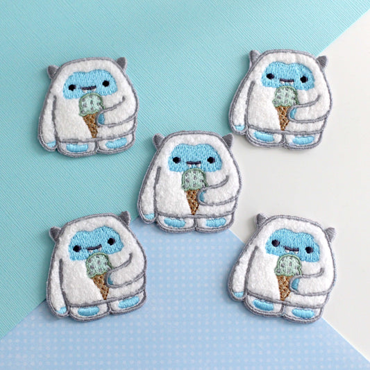 Yeti eating Ice Cream Chenille Iron-On Patch. Cute Abominable Snowman