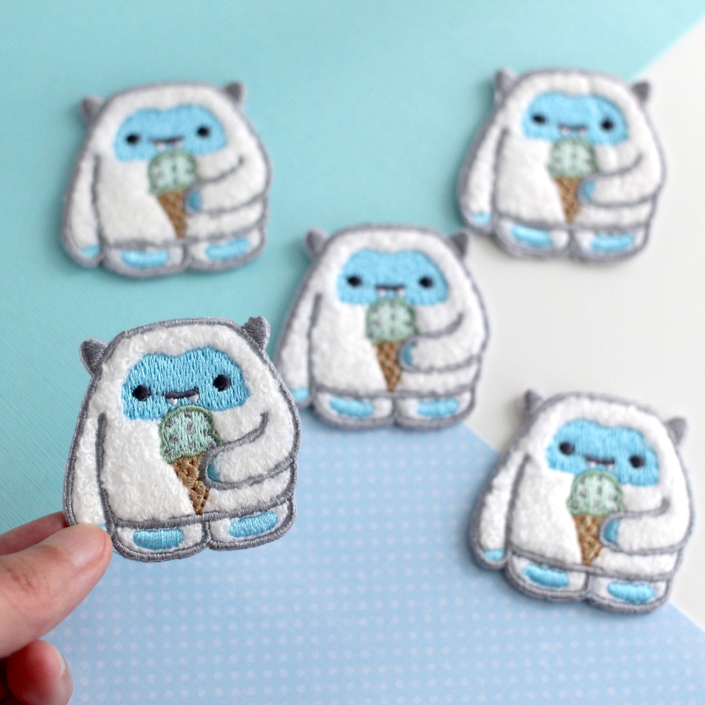 Yeti eating Ice Cream Chenille Iron-On Patch. Cute Abominable Snowman