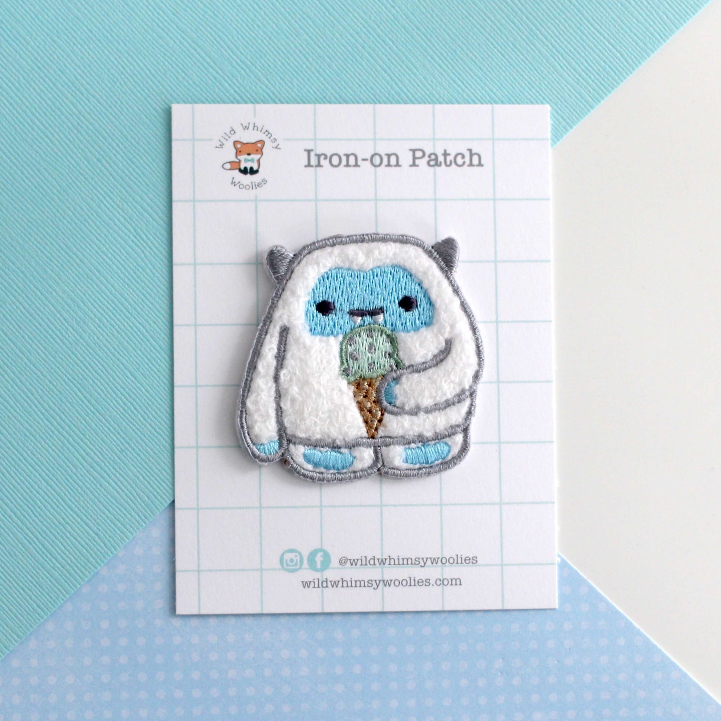 Yeti eating Ice Cream Chenille Iron-On Patch. Cute Abominable Snowman