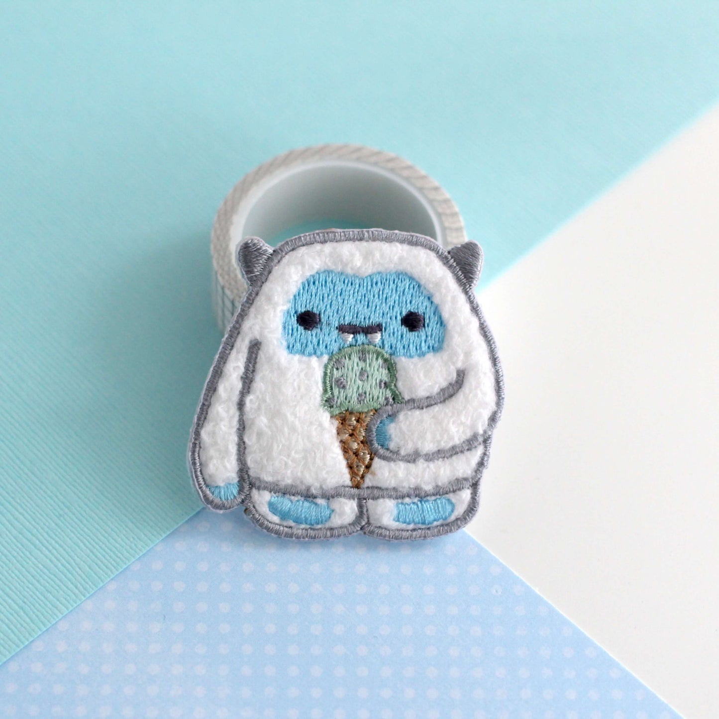 Yeti eating Ice Cream Chenille Iron-On Patch. Cute Abominable Snowman