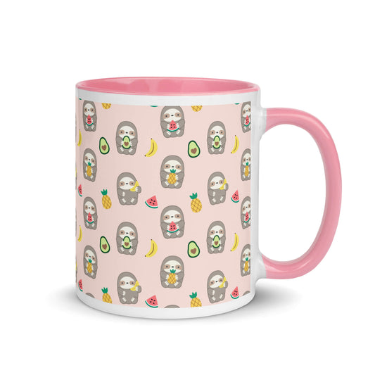 Pink Ceramic Mug with Fruit Sloths - Banana, Watermelon, Pineapple, Avocado