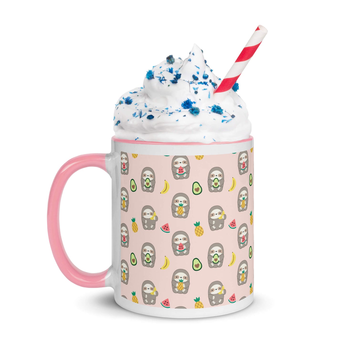 Pink Ceramic Mug with Fruit Sloths - Banana, Watermelon, Pineapple, Avocado