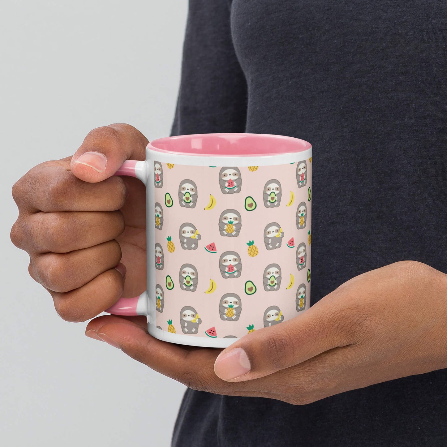 Pink Ceramic Mug with Fruit Sloths - Banana, Watermelon, Pineapple, Avocado