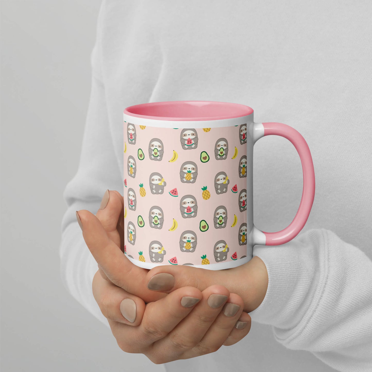 Pink Ceramic Mug with Fruit Sloths - Banana, Watermelon, Pineapple, Avocado