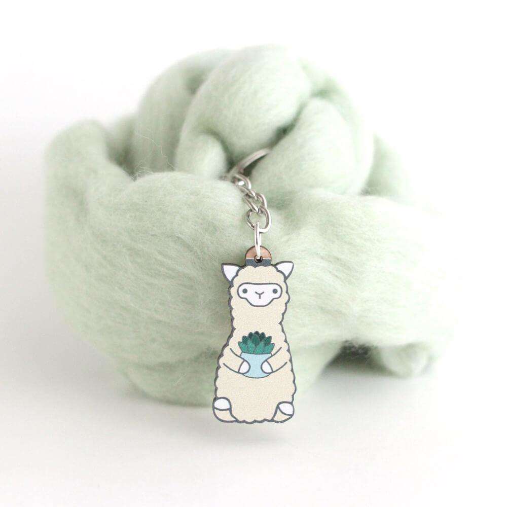Alpaca Holding Succulent Wooden Keychain - Sustainable Gift - Llama Gift