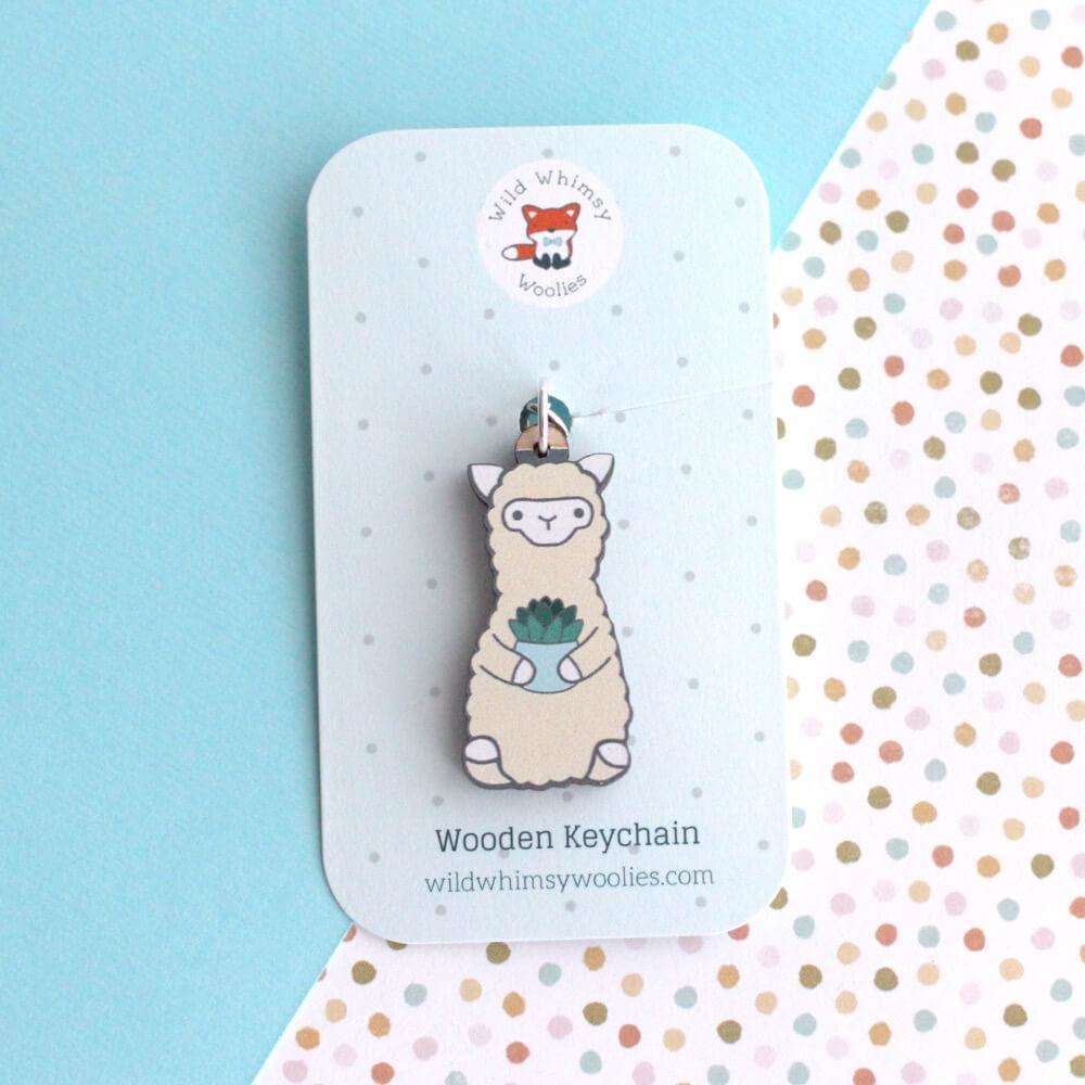 Alpaca Holding Succulent Wooden Keychain - Sustainable Gift - Llama Gift