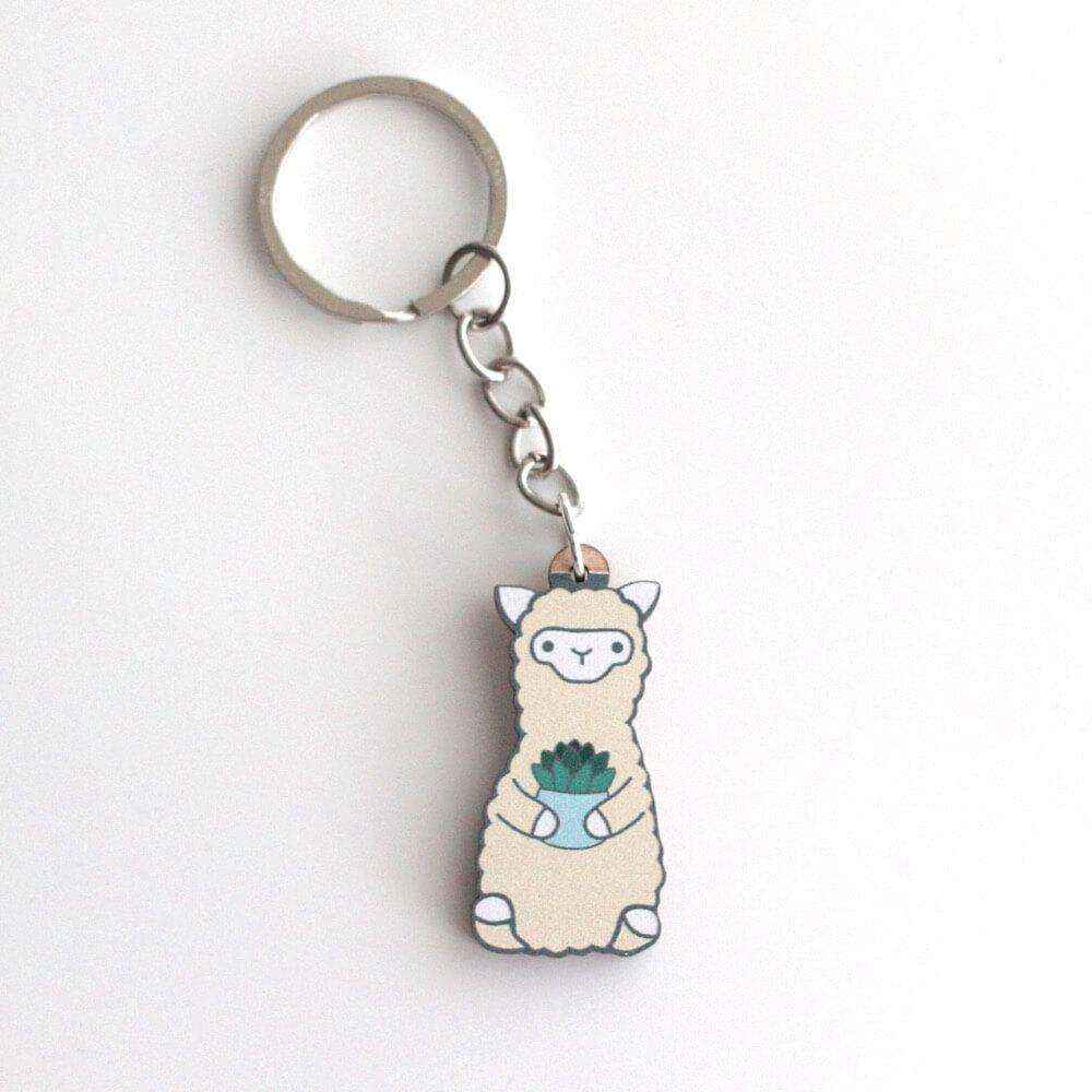 Alpaca Holding Succulent Wooden Keychain - Sustainable Gift - Llama Gift