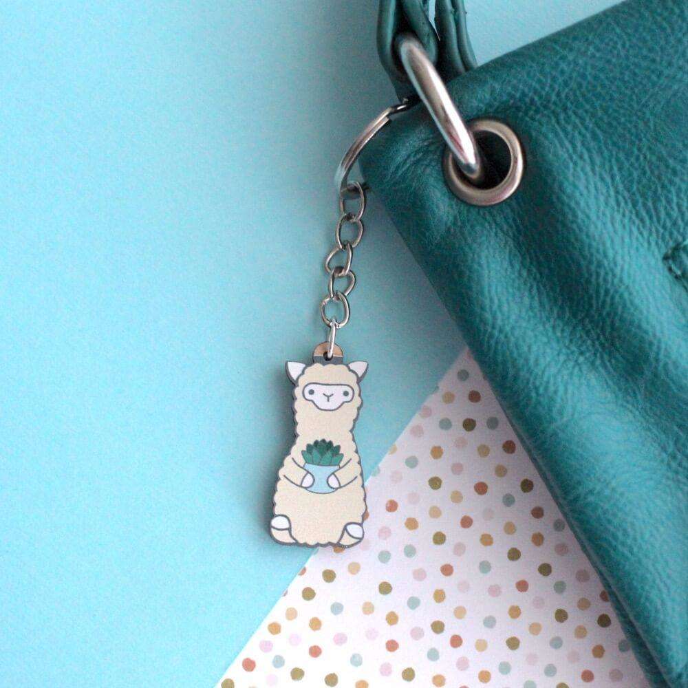 Alpaca Holding Succulent Wooden Keychain - Sustainable Gift - Llama Gift