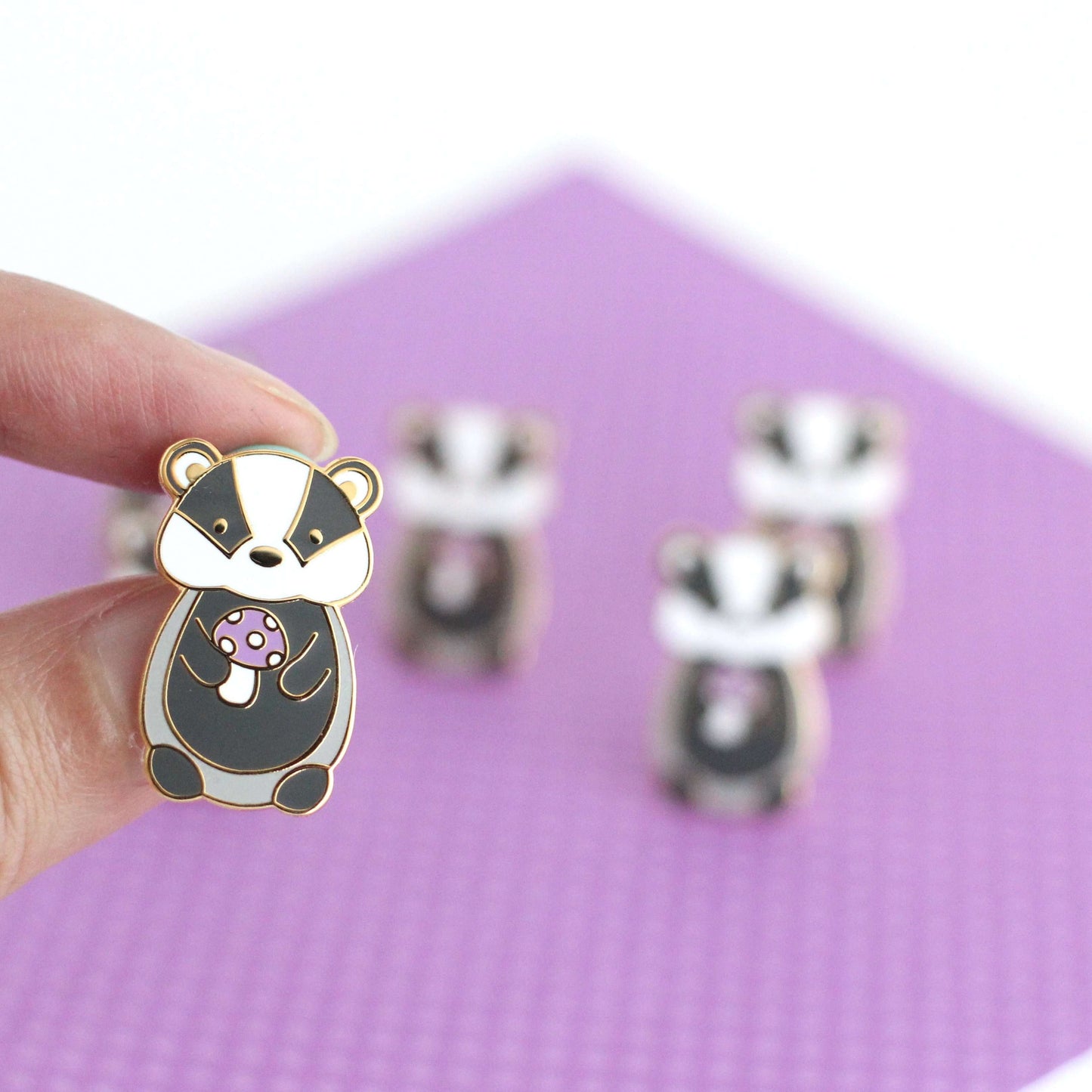 Badger holding Purple Mushroom Enamel Pin - Cute Animal Pin
