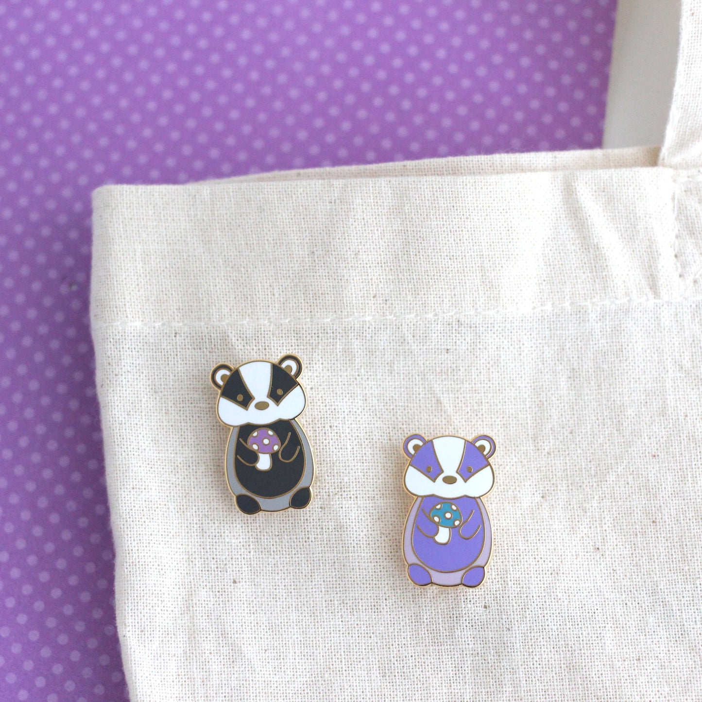 Badger holding Purple Mushroom Enamel Pin - Cute Animal Pin