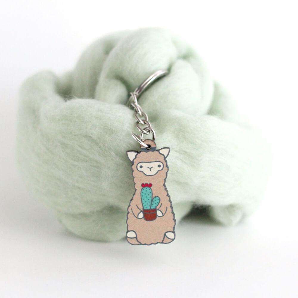 Cactus Alpaca Wooden Keychain - Sustainable Gift - Llama Gift