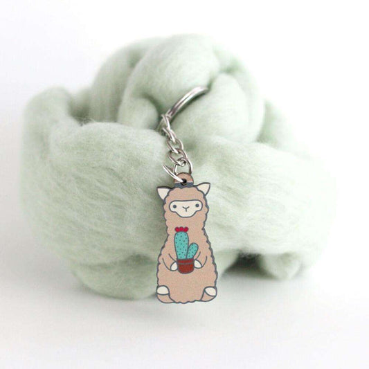 Cactus Alpaca Wooden Keychain - Sustainable Gift - Llama Gift
