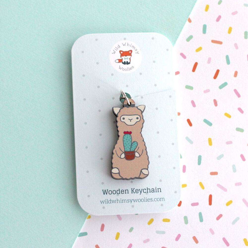 Cactus Alpaca Wooden Keychain - Sustainable Gift - Llama Gift