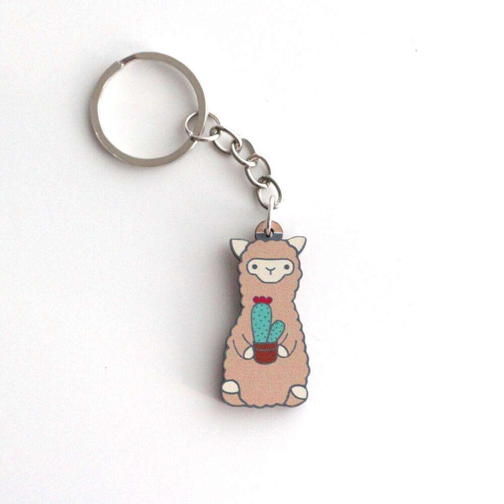 Cactus Alpaca Wooden Keychain - Sustainable Gift - Llama Gift