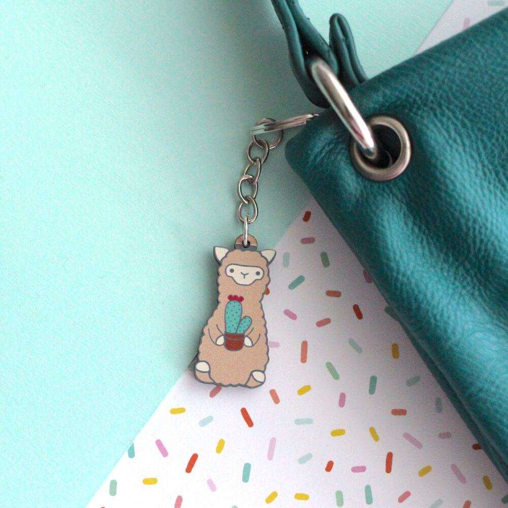 Cactus Alpaca Wooden Keychain - Sustainable Gift - Llama Gift