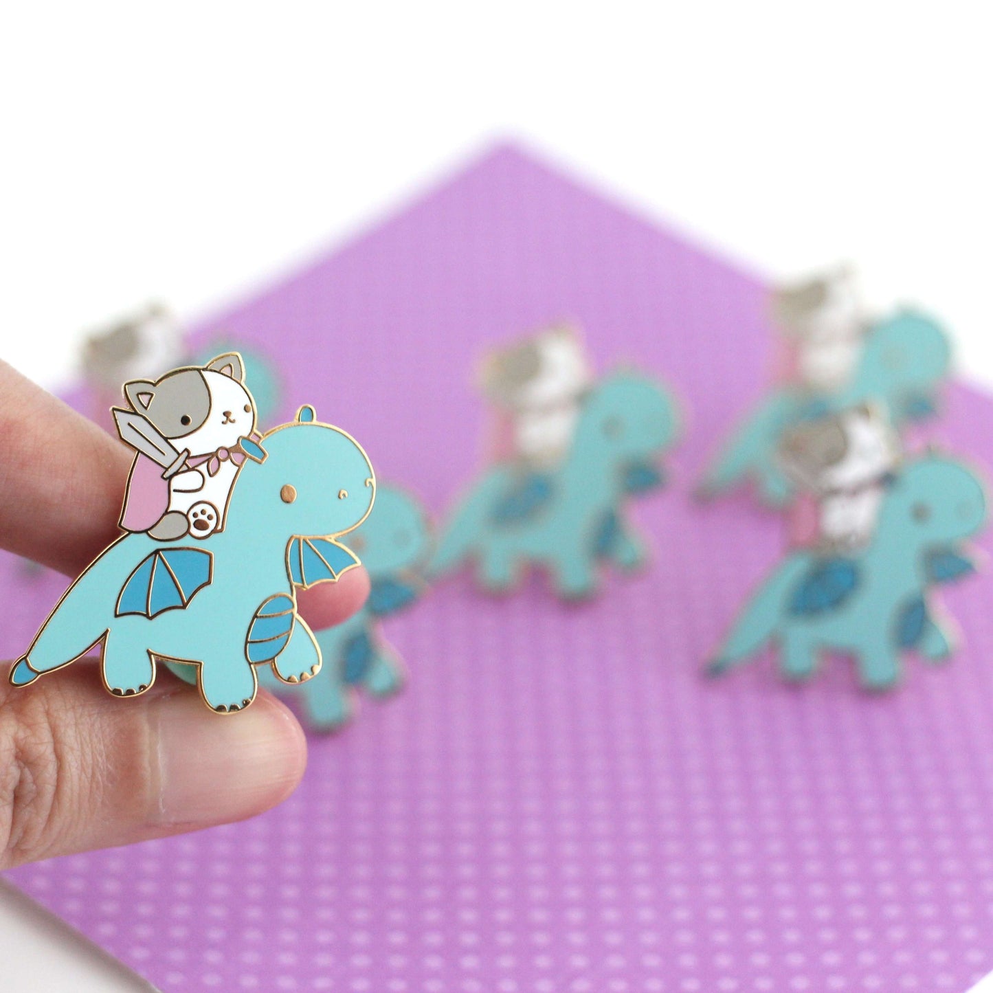 Cat and Dragon Knight Enamel Pin (Blue Dragon Variant)