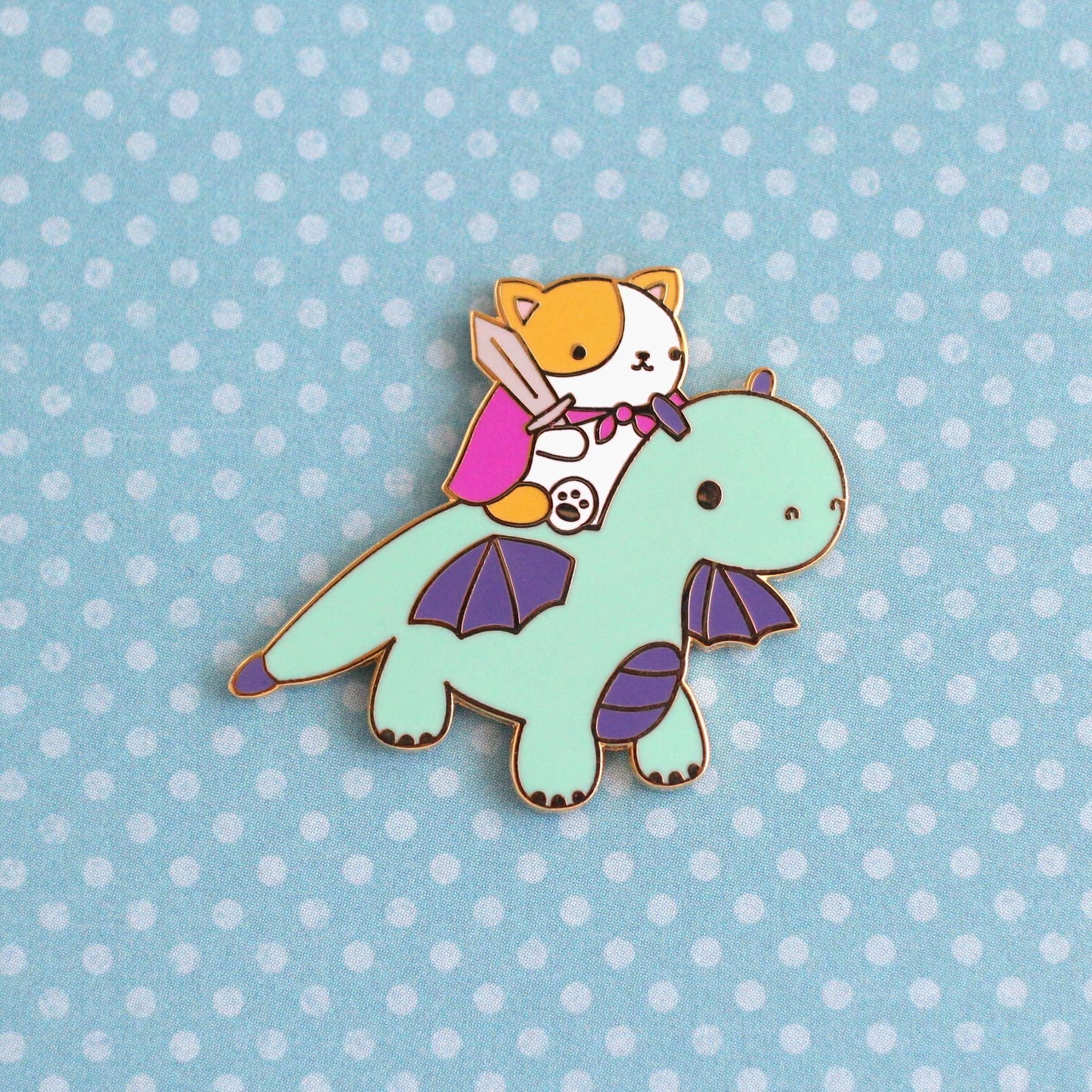 Cat and Dragon Knight Enamel Pin (Turquoise Dragon Variant)