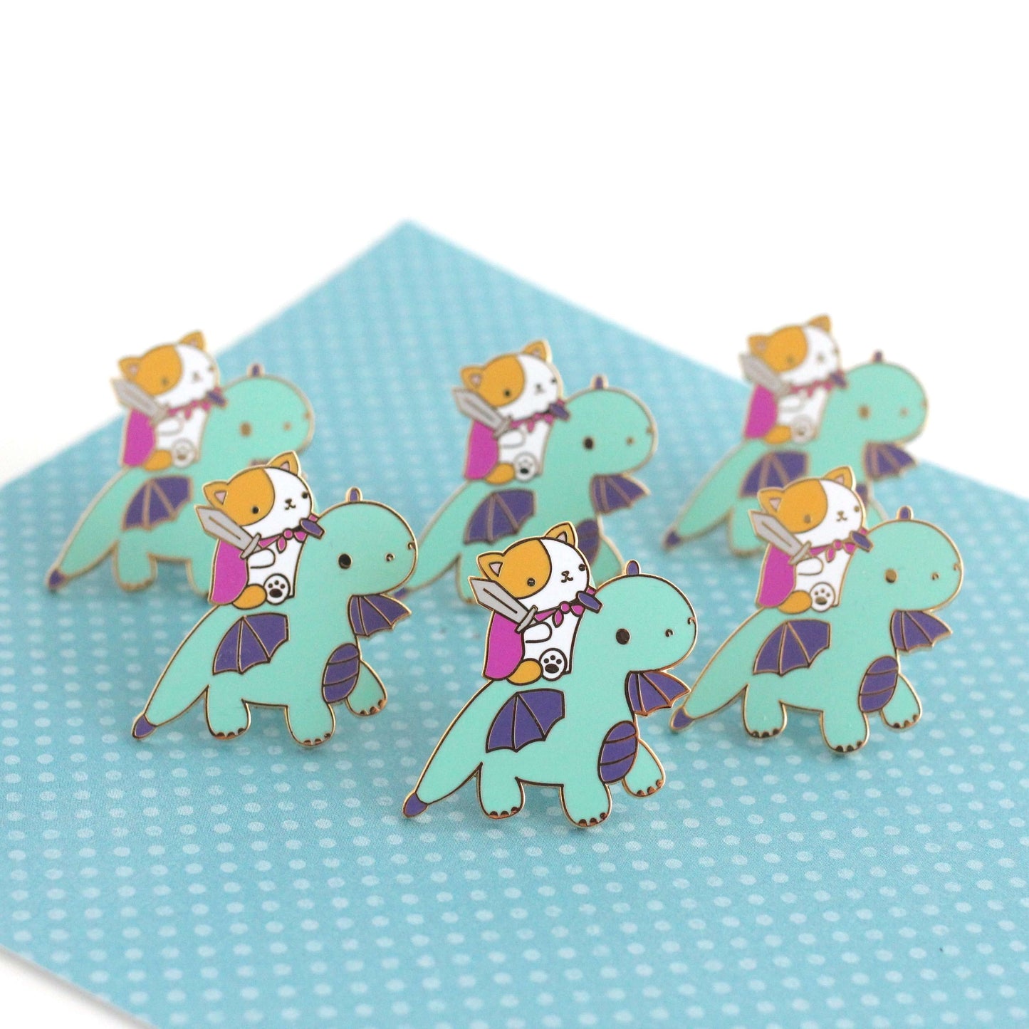 Cat and Dragon Knight Enamel Pin (Turquoise Dragon Variant)