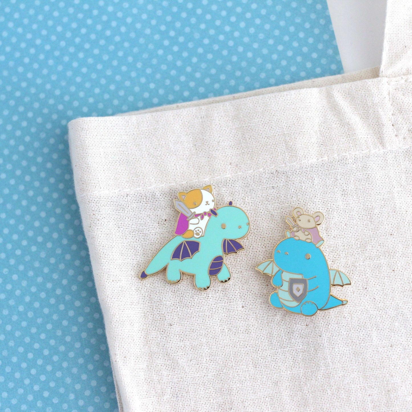 Cat and Dragon Knight Enamel Pin (Turquoise Dragon Variant)